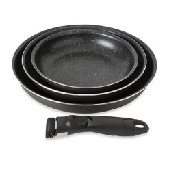 Set 3 Poêles Anti-adhésives Effet Pierre Et Manche Amovible